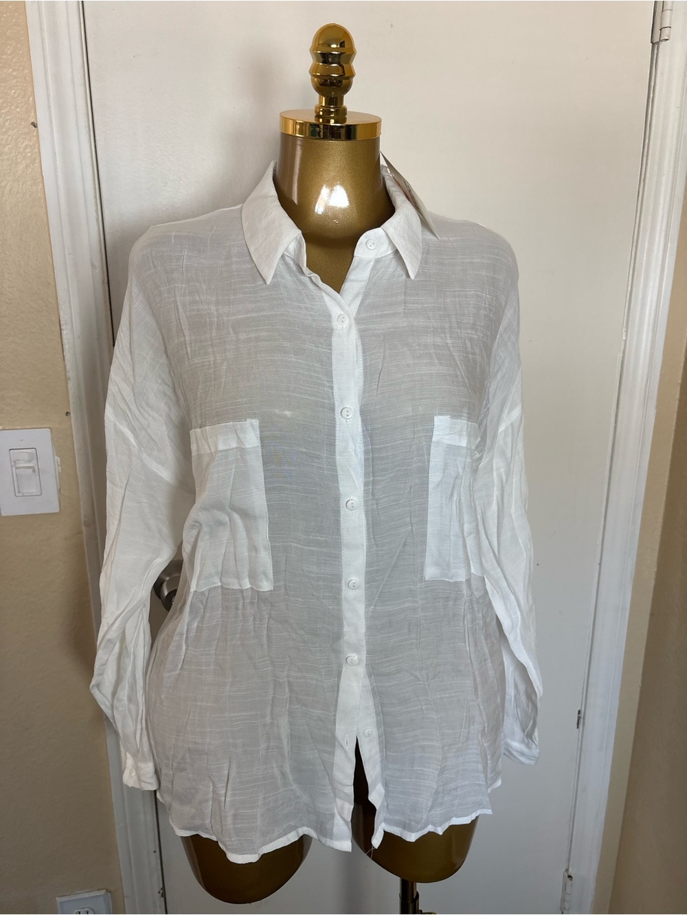 Women's White Sheer Button-Down Shirt with Patch Pockets